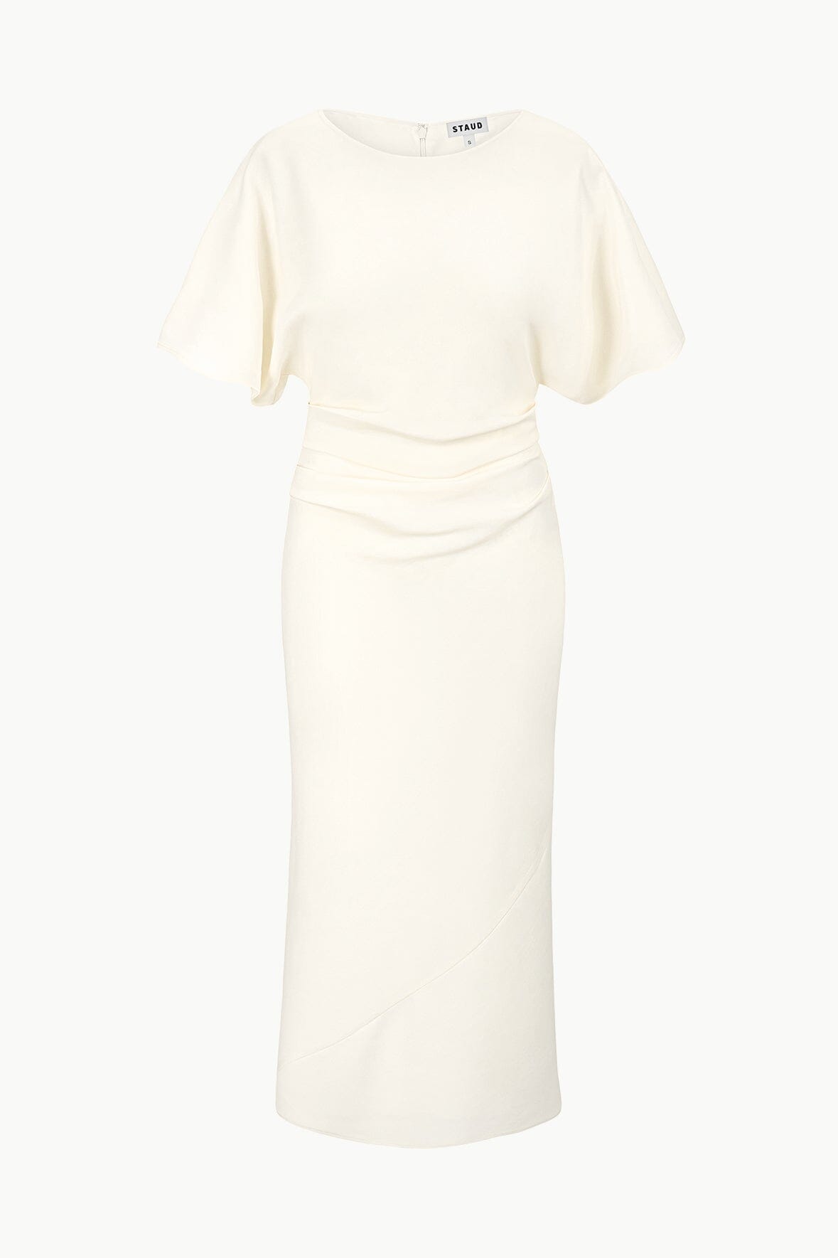 Amelie Ivory Midi Dress with Boat Neck & Ruching