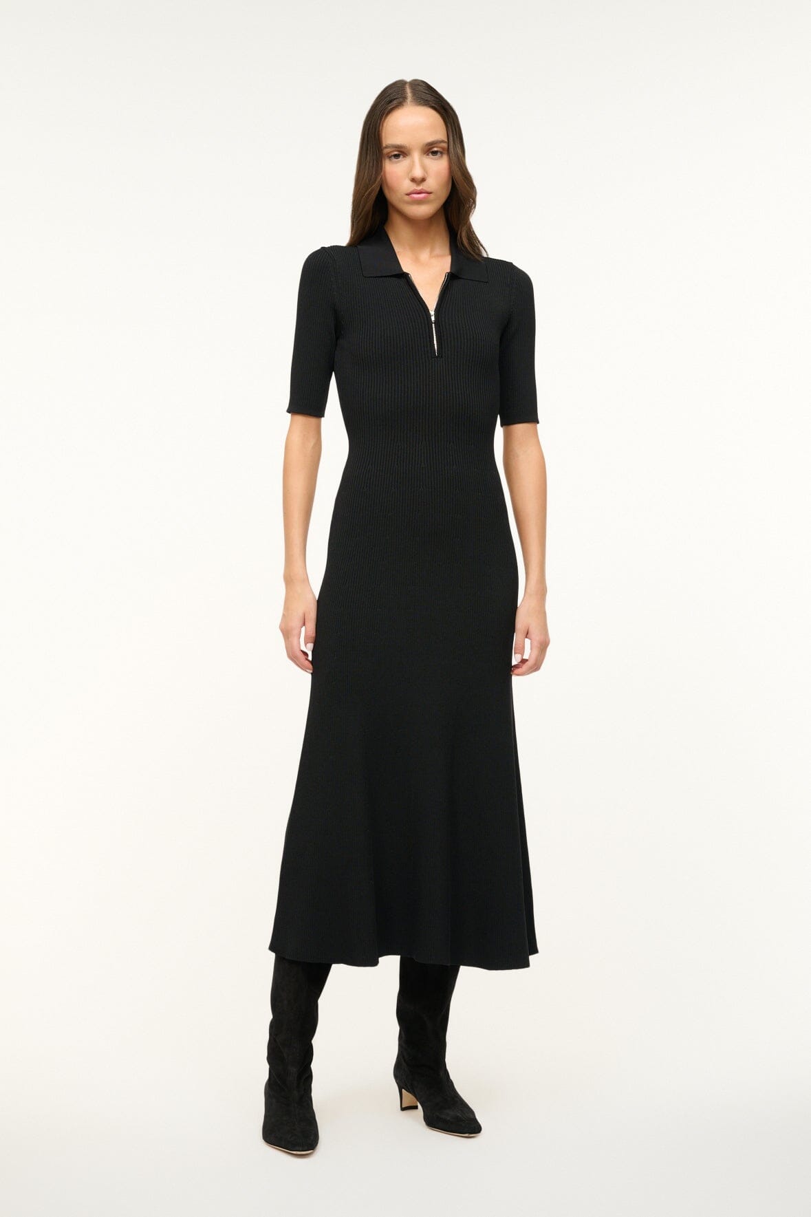 Roland Black Rib Knit Zip Neck Dress | Ankle-Length
