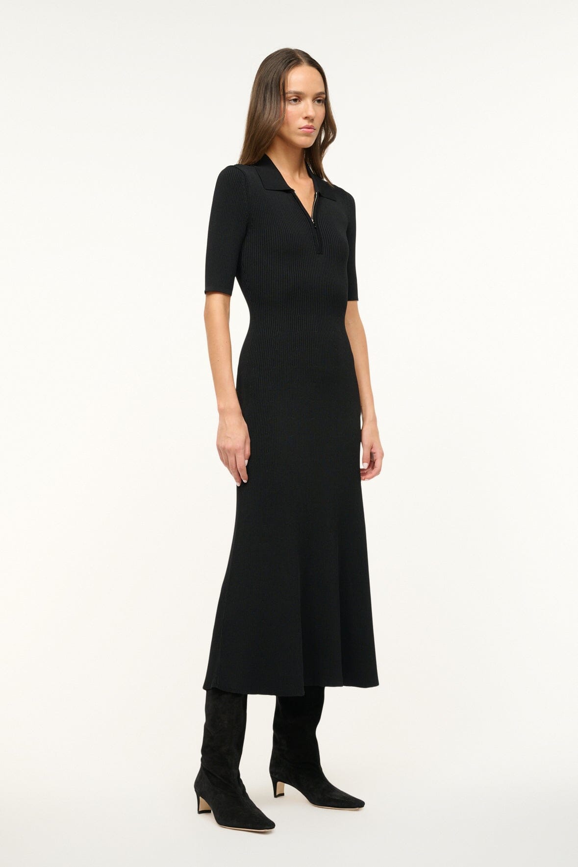 Roland Black Rib Knit Zip Neck Dress | Ankle-Length