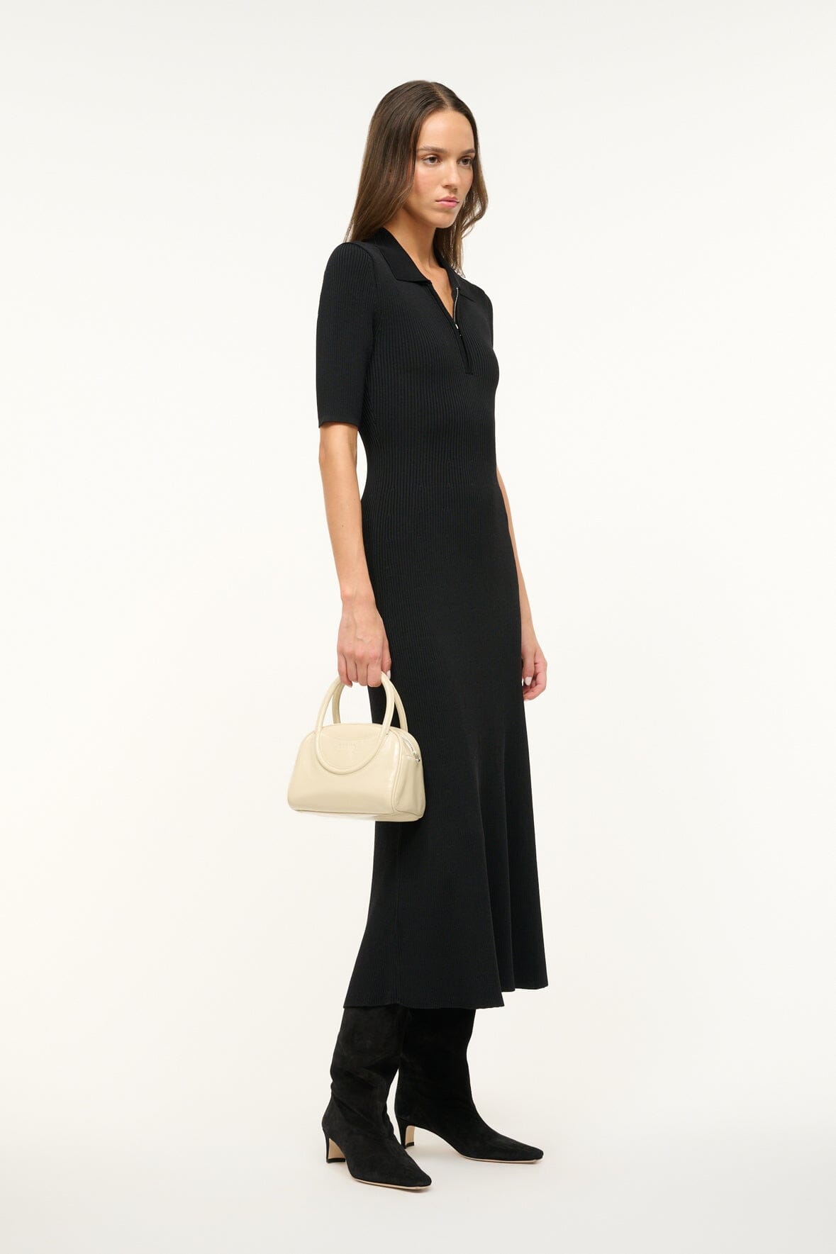 Roland Black Rib Knit Zip Neck Dress | Ankle-Length