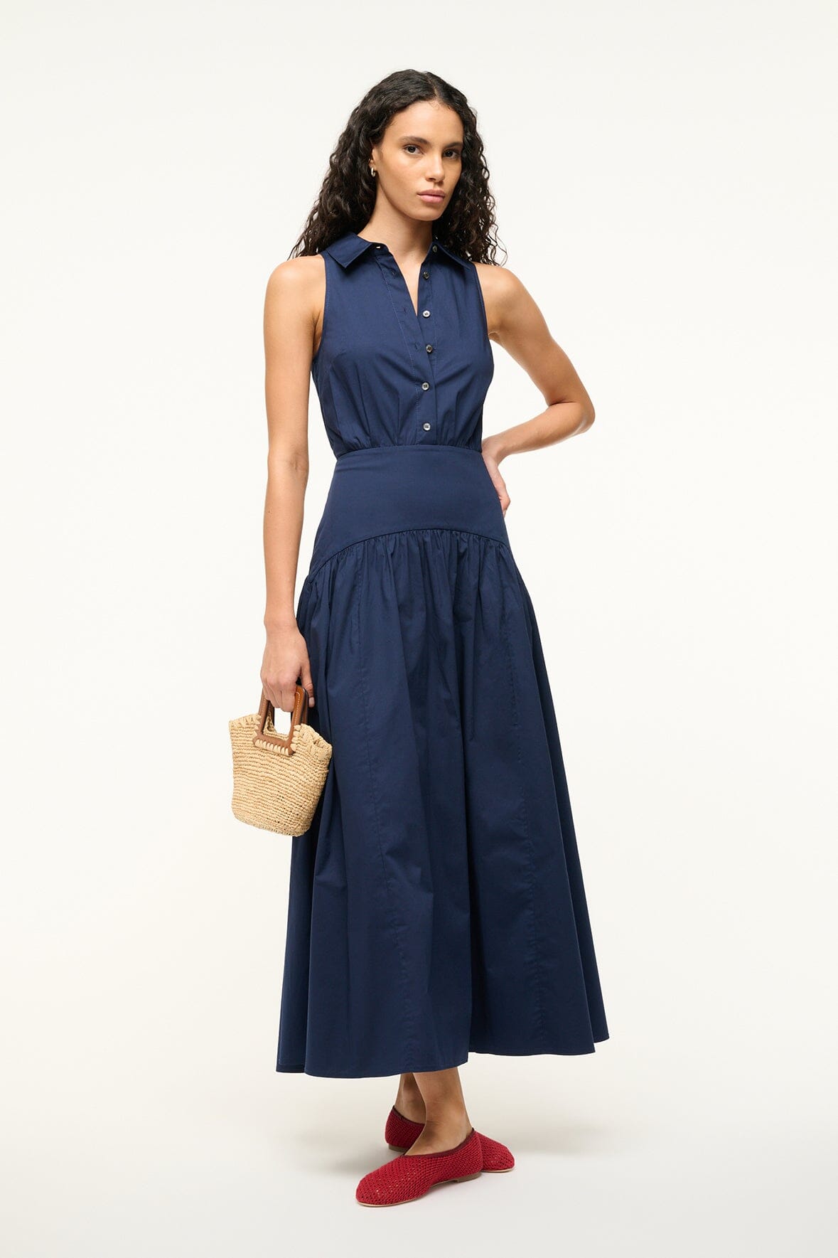 Romy Navy Sleeveless Collar Dress with Waist Ruching