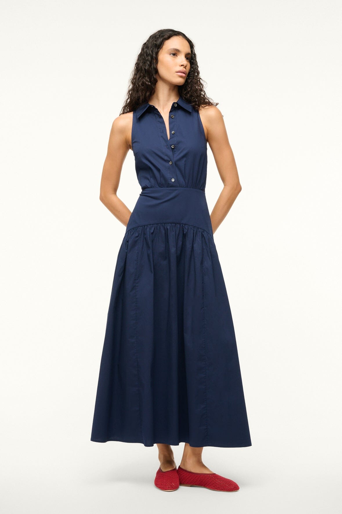 Romy Navy Sleeveless Collar Dress with Waist Ruching