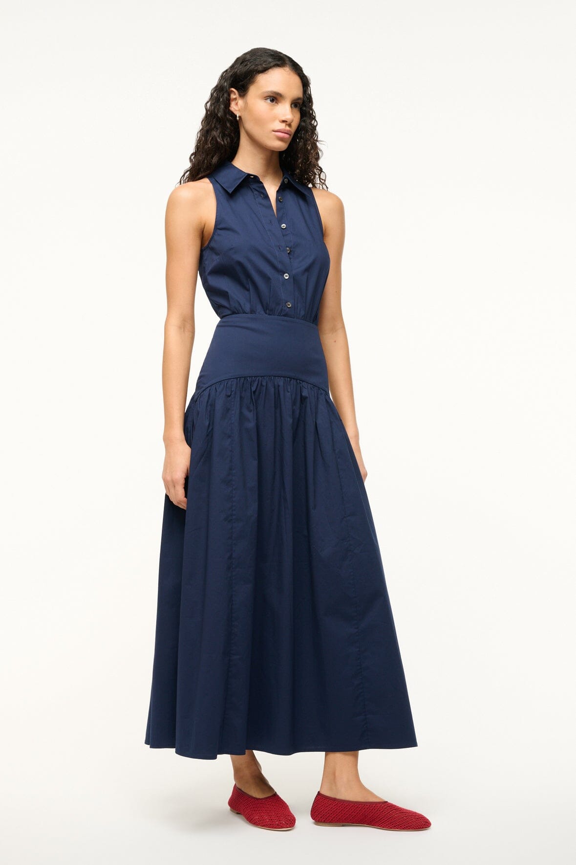 Romy Navy Sleeveless Collar Dress with Waist Ruching