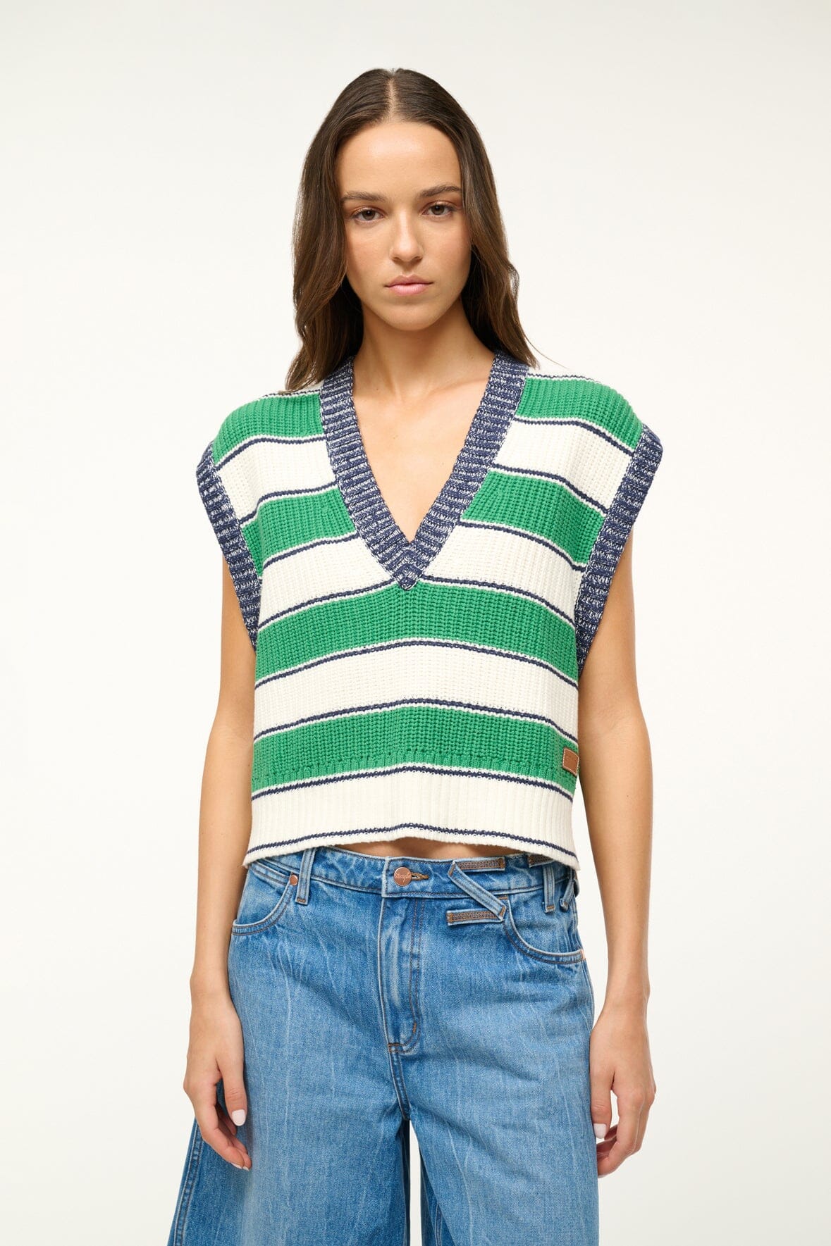 Cropped Sweater Vest with Yarndye Stripes & Leather Logo Patch