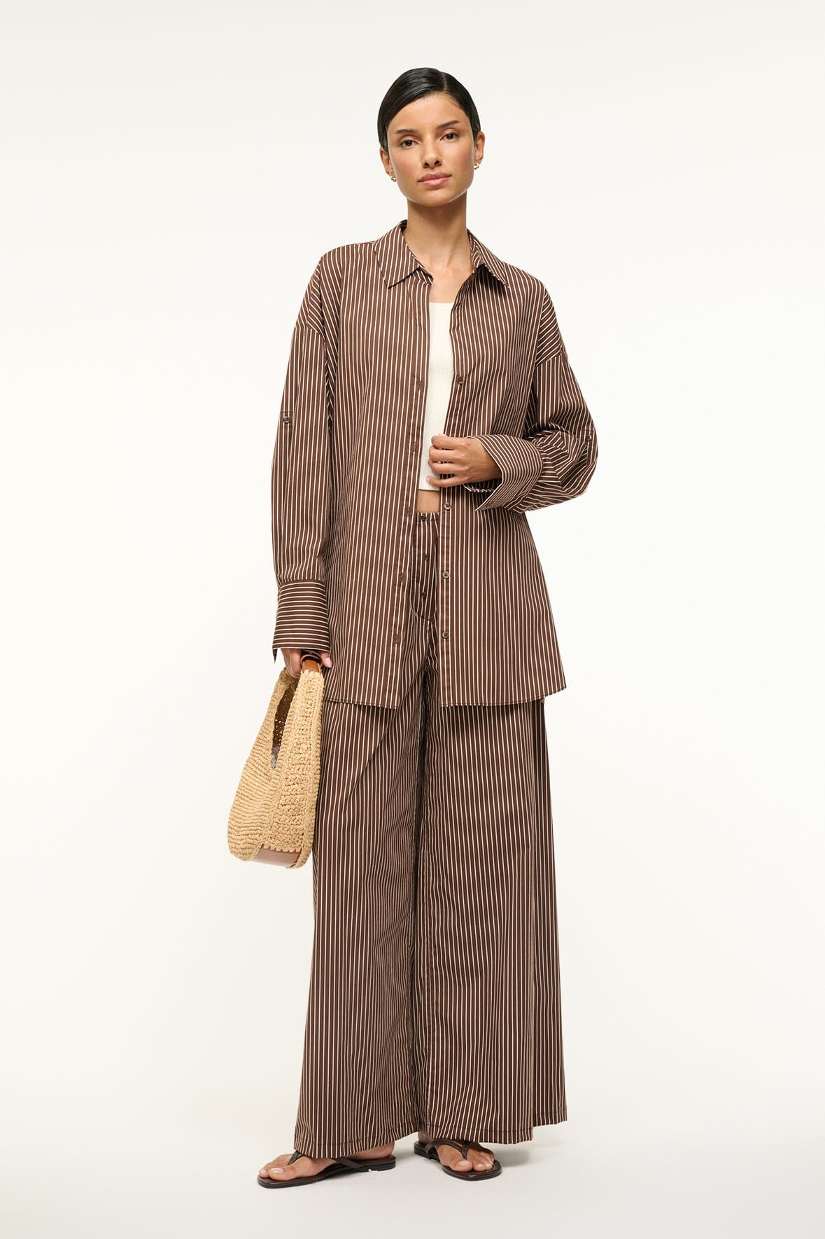 Dark Oak Micro Stripe Sandbar Button-Up Shirt – Boxy Collared Top
