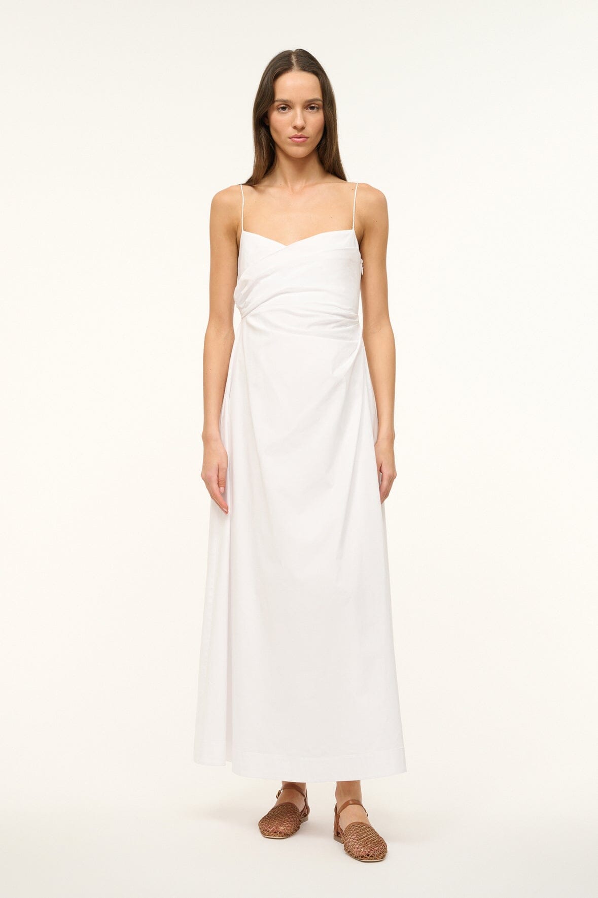 Sarah White Cotton Poplin A-Line Maxi Dress with Sweetheart Neckline