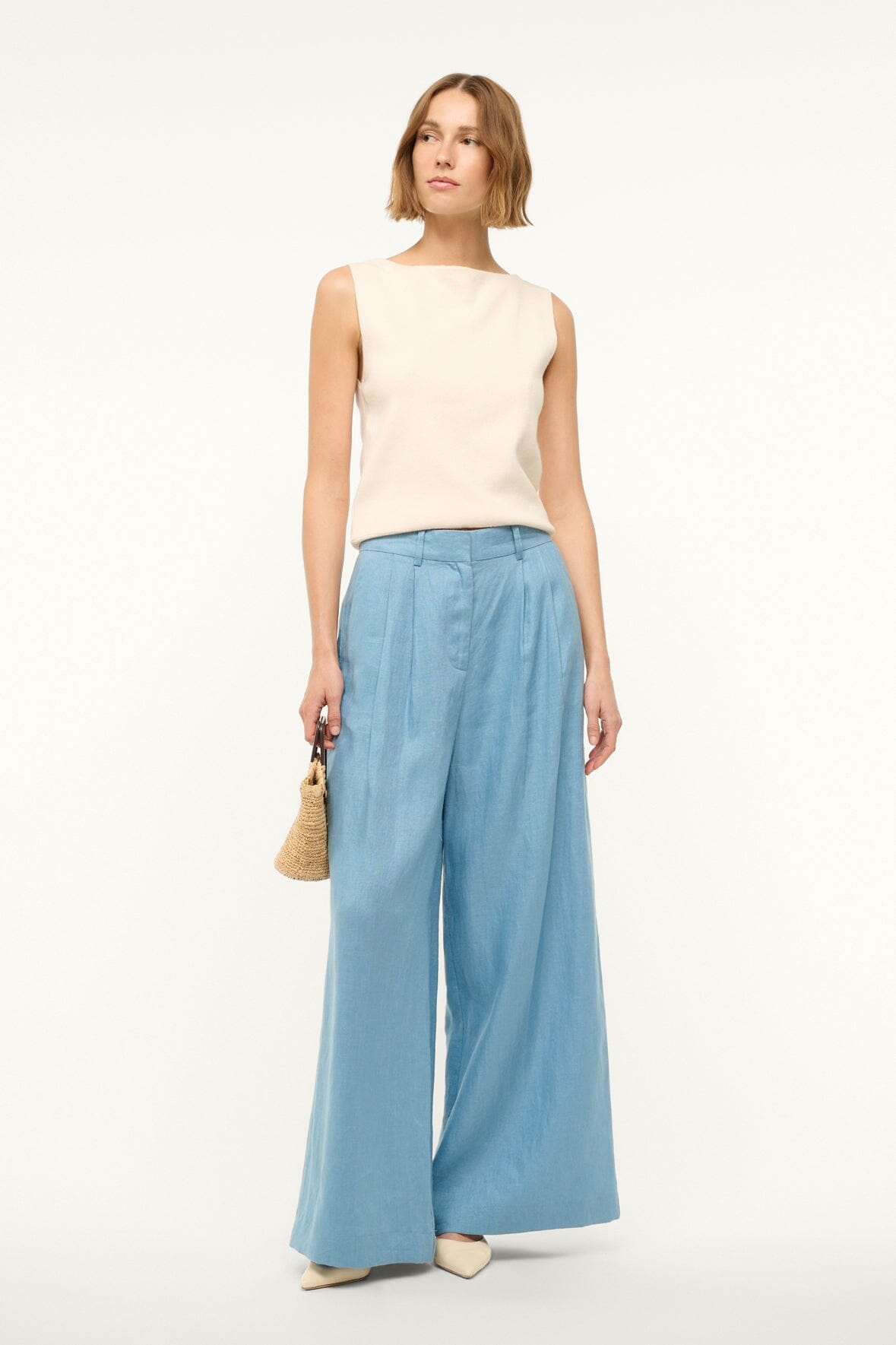 Sasha Linen Wide Leg Pants - Slate Blue Pleated Trousers