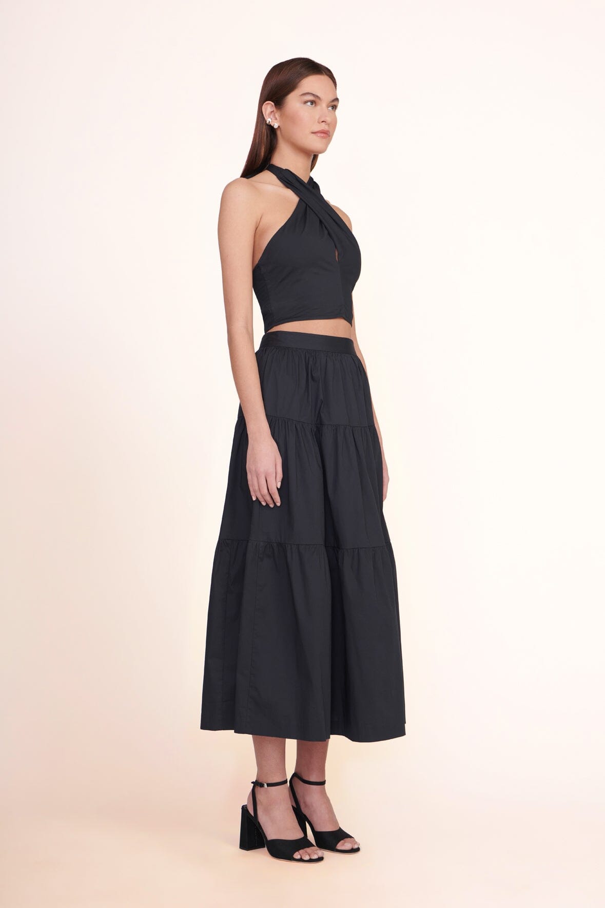 Black Tiered Ankle-Length Cotton Poplin Skirt with Side Zipper