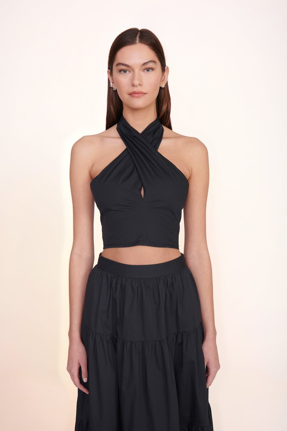 Black Tiered Ankle-Length Cotton Poplin Skirt with Side Zipper