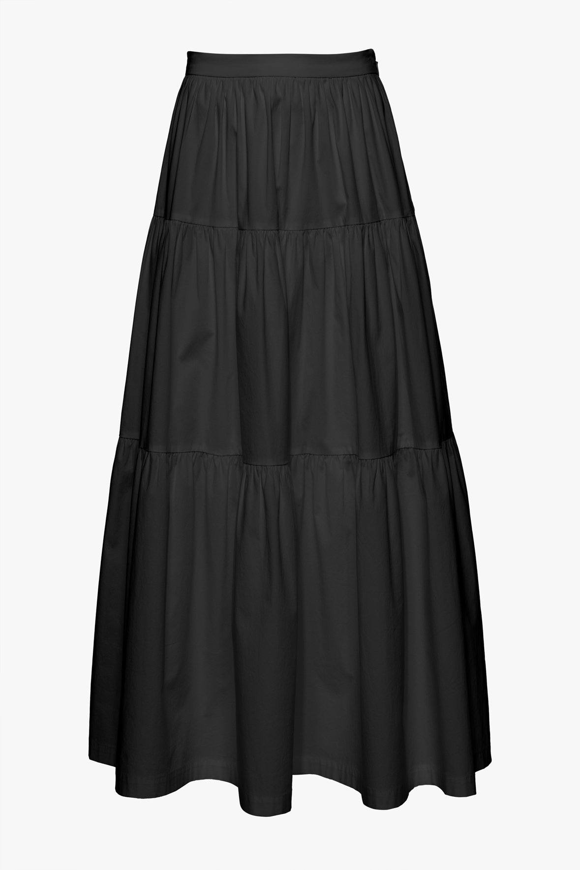 Black Tiered Ankle-Length Cotton Poplin Skirt with Side Zipper