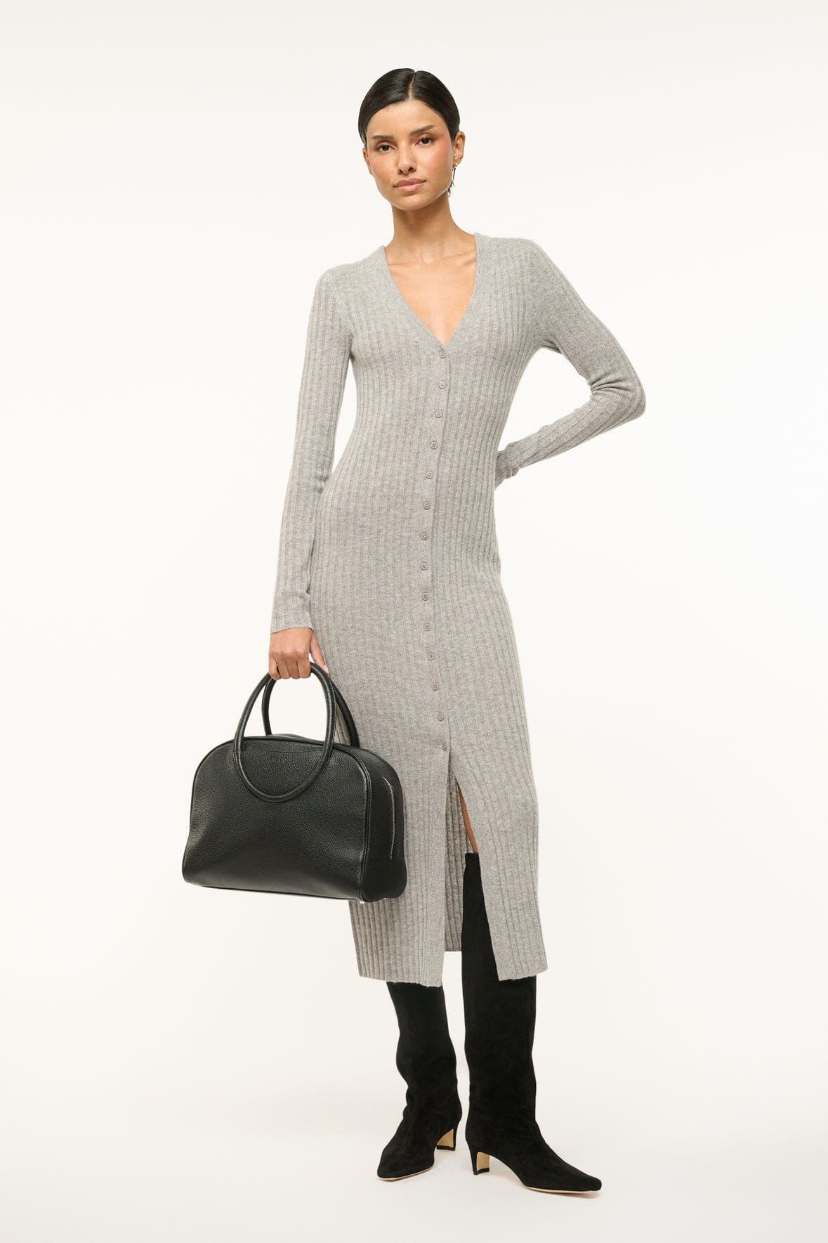 Shoko Cashmere Cardigan Sweater in Soft Heather Grey Rib Knit