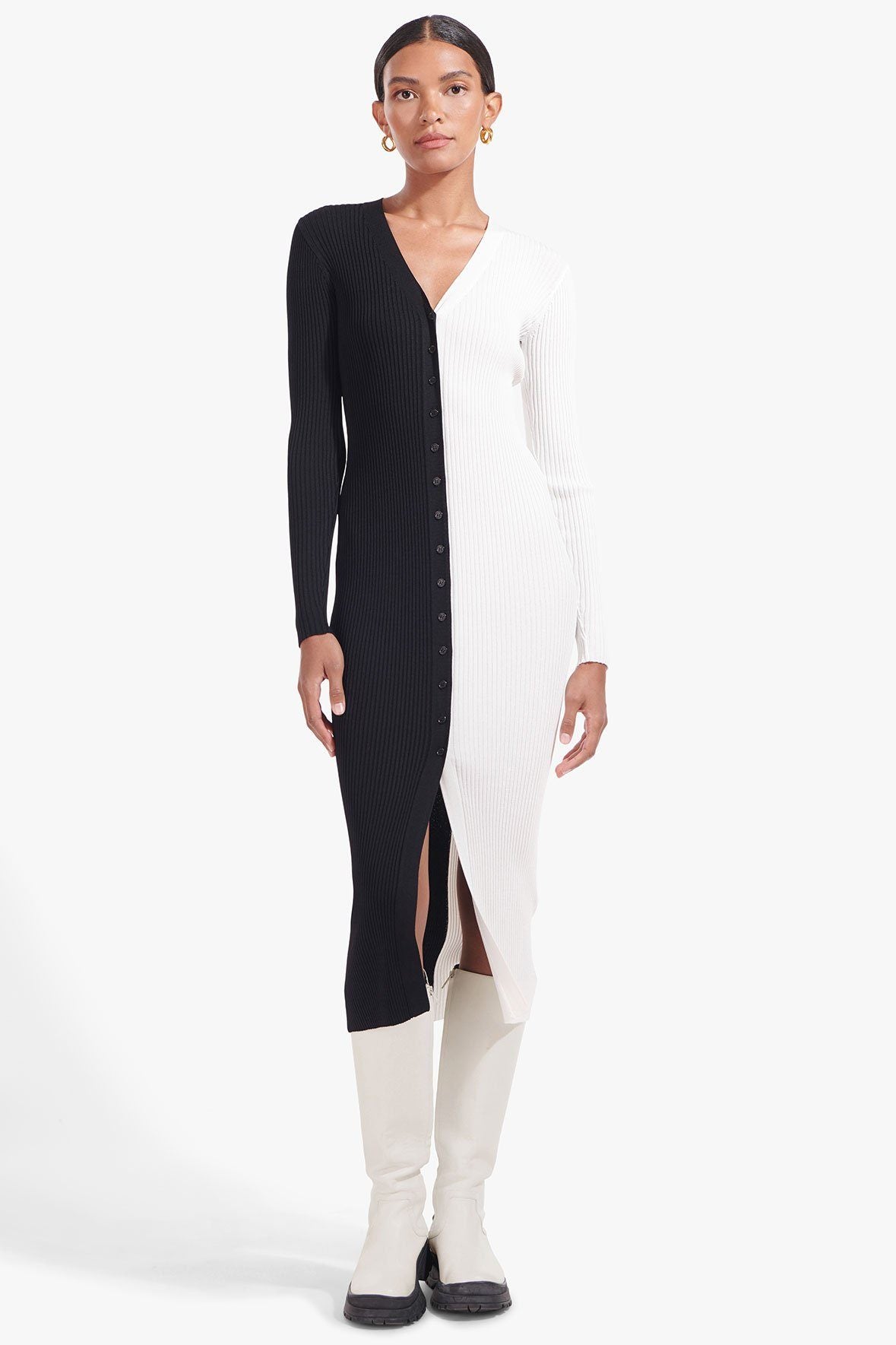 Shoko Black & White Rib Knit Sweater Cardigan Dress