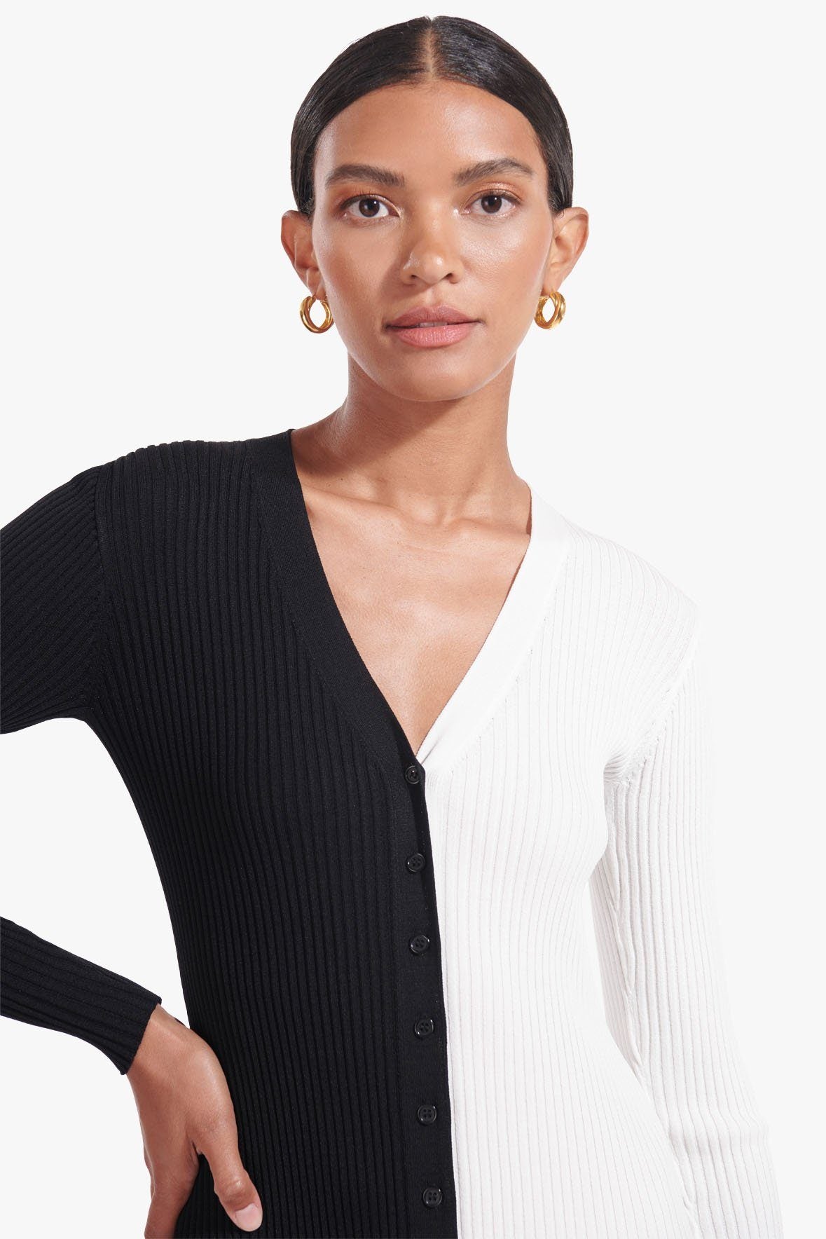 Shoko Black & White Rib Knit Sweater Cardigan Dress