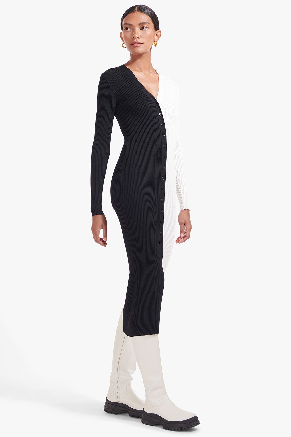 Shoko Black & White Rib Knit Sweater Cardigan Dress