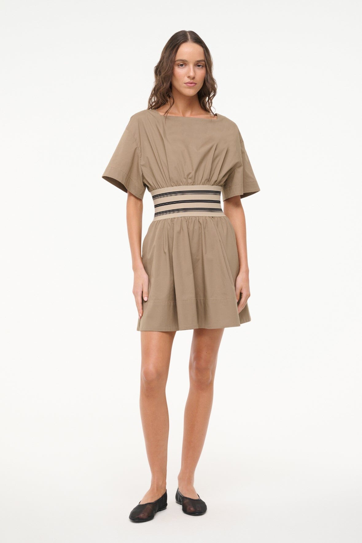 Amy Cotton Poplin Mini Dress with Square Neckline - Taupe