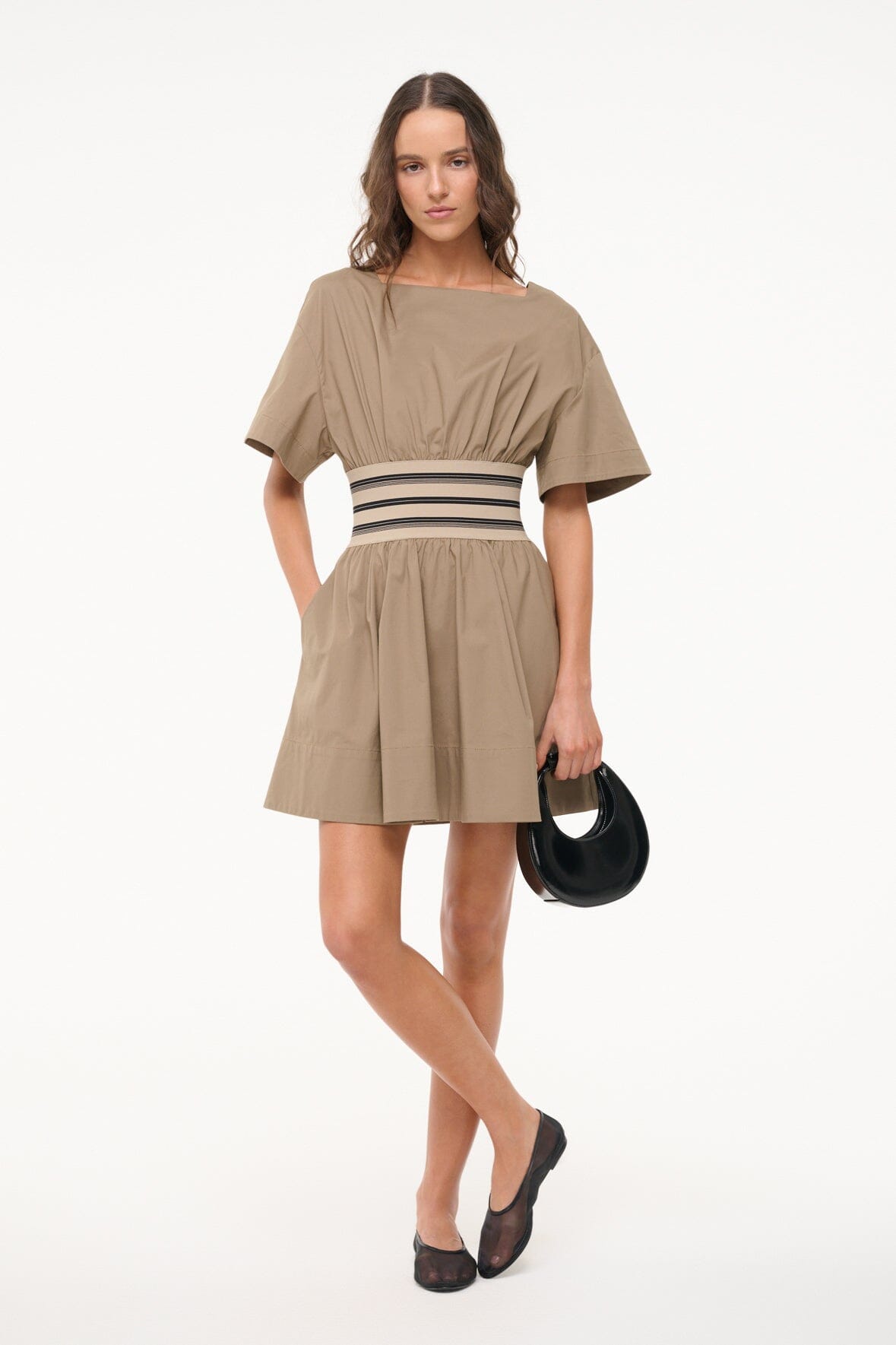 Amy Cotton Poplin Mini Dress with Square Neckline - Taupe