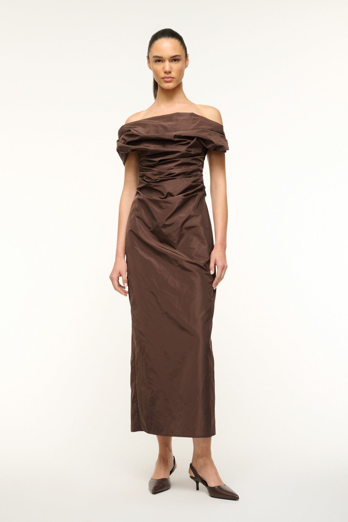 Andrea Off-Shoulder Taffeta Dress in Dark Chocolate