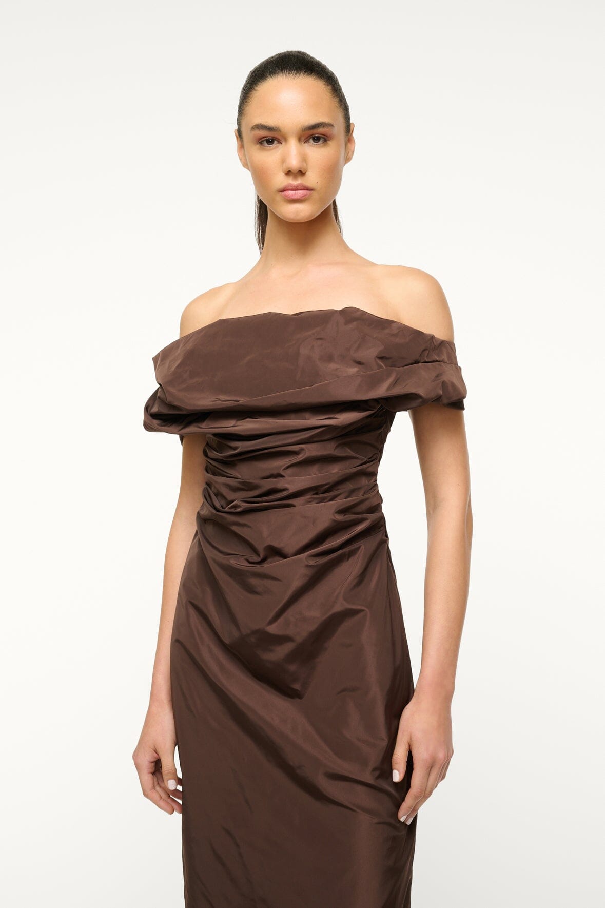 Andrea Off-Shoulder Taffeta Dress in Dark Chocolate