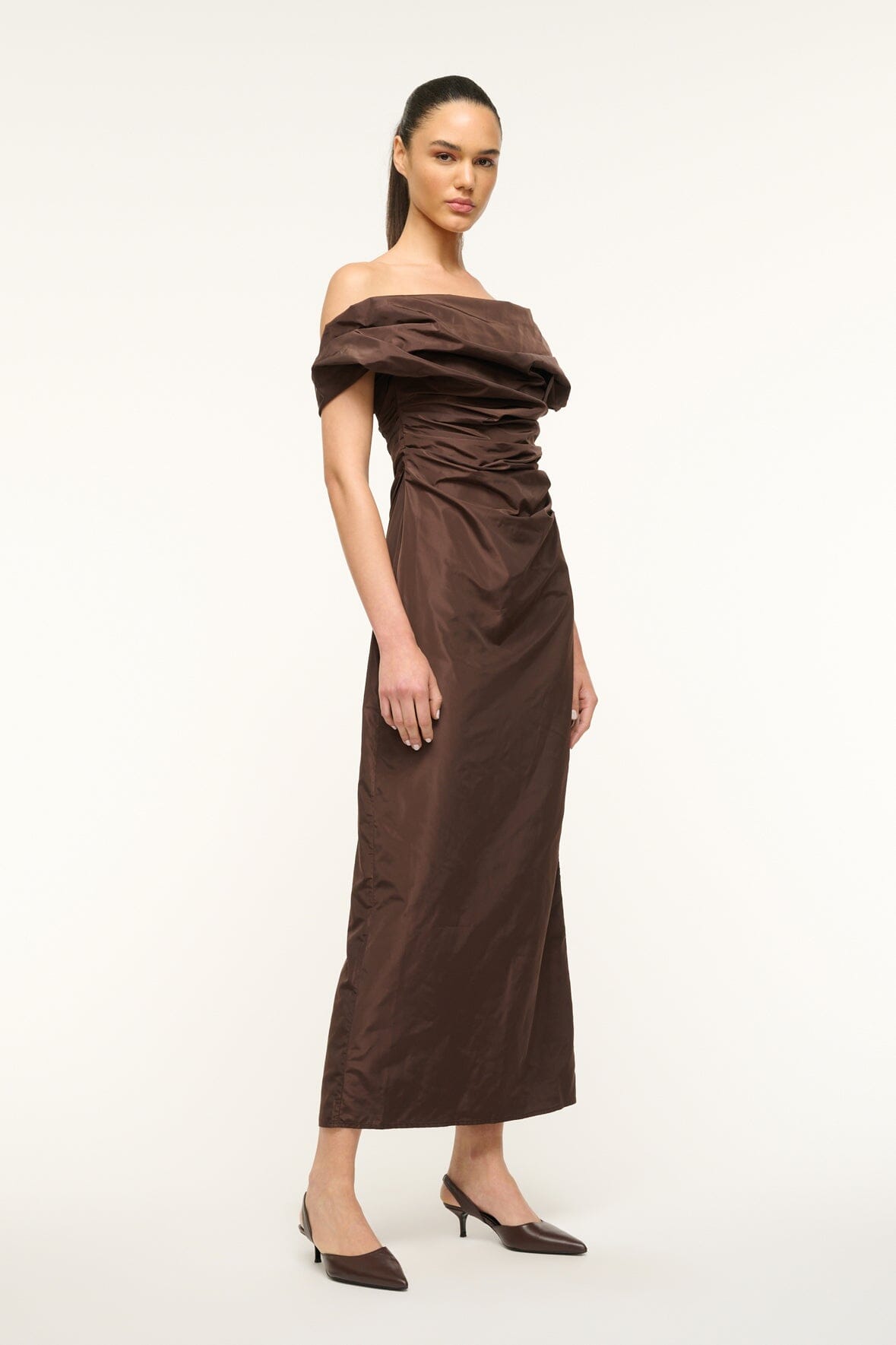 Andrea Off-Shoulder Taffeta Dress in Dark Chocolate