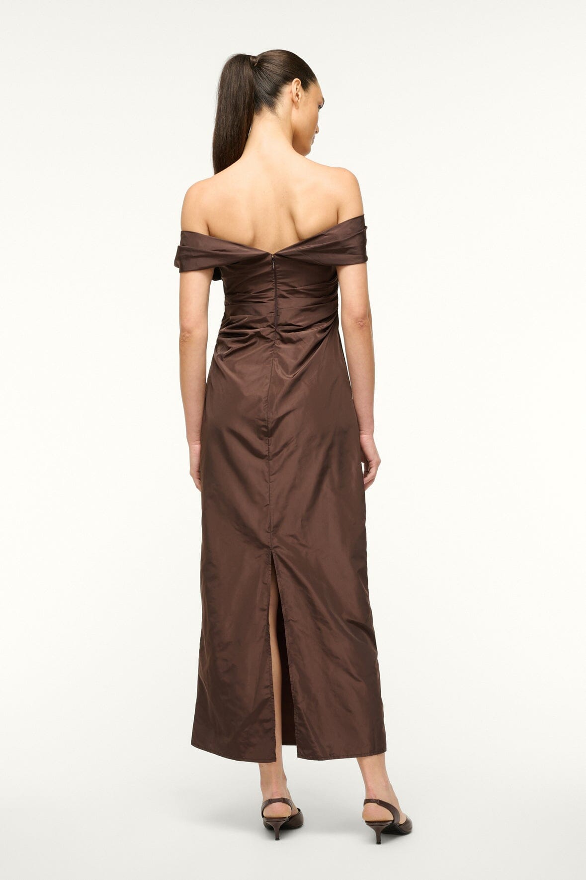Andrea Off-Shoulder Taffeta Dress in Dark Chocolate