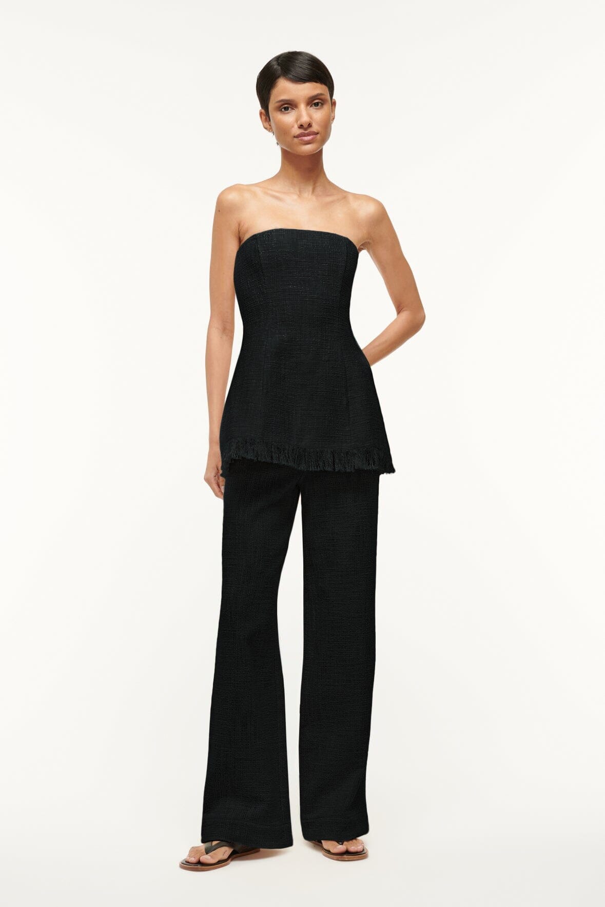Silvia Black Strapless Peplum Top with Fringe Hem