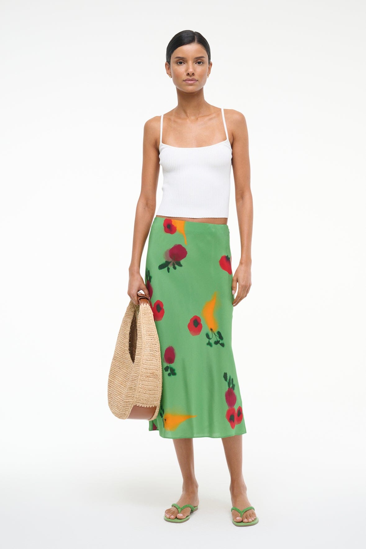 Angela Silk Skirt - Bias Cut Slim Fit with Farmers Market Leaf Print