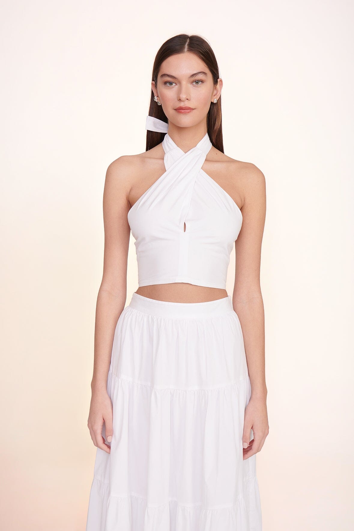 Women's White Smocked Halter Top with Self-Tie Neck