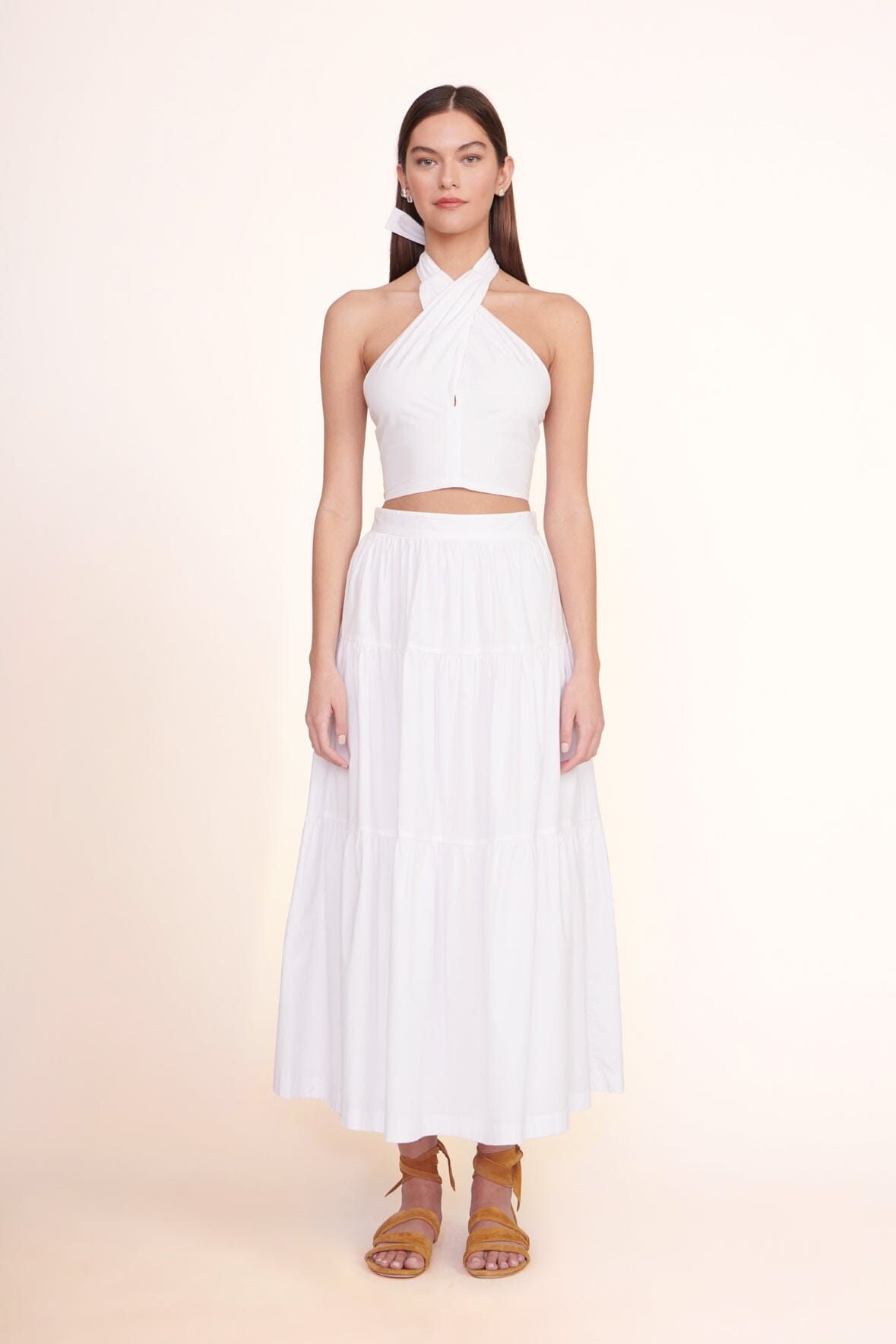 Women's White Smocked Halter Top with Self-Tie Neck