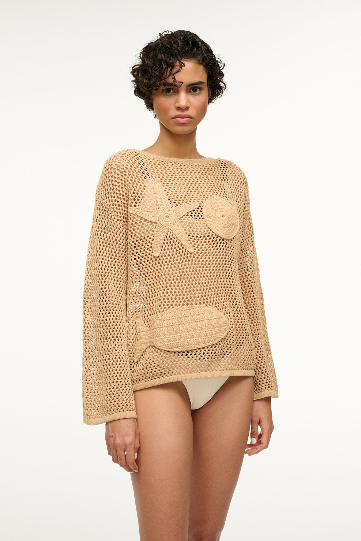 Sovana Hand-Crocheted Mesh Top with Bell Sleeves | Natural