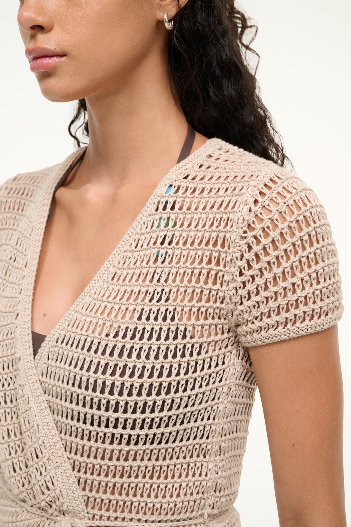 Spritz Wrap Coverup Mini Dress in Natural with V-Neck & Waist Tie