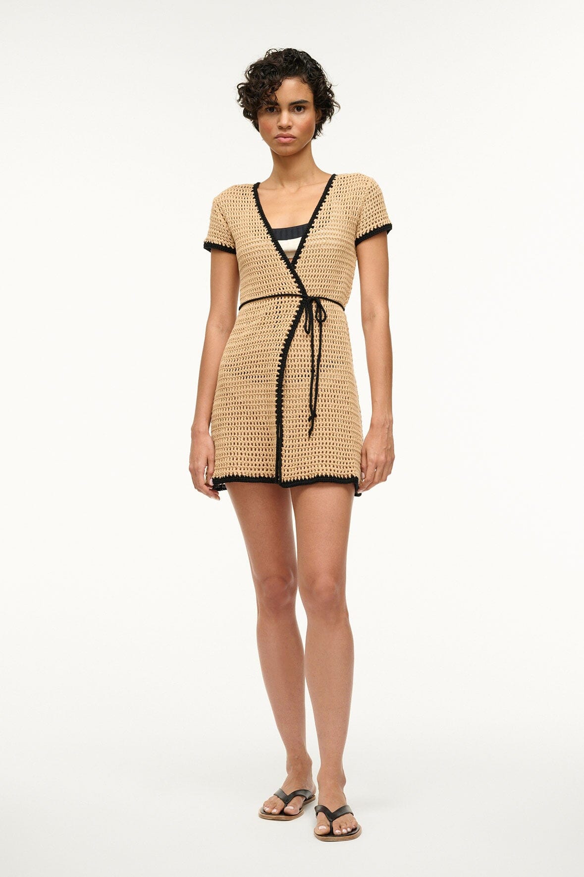 Spritz Wrap Coverup Dress in Natural Black with V-Neck & Waist Tie