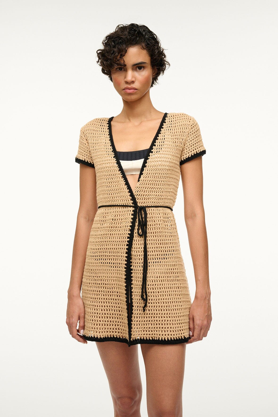 Spritz Wrap Coverup Dress in Natural Black with V-Neck & Waist Tie