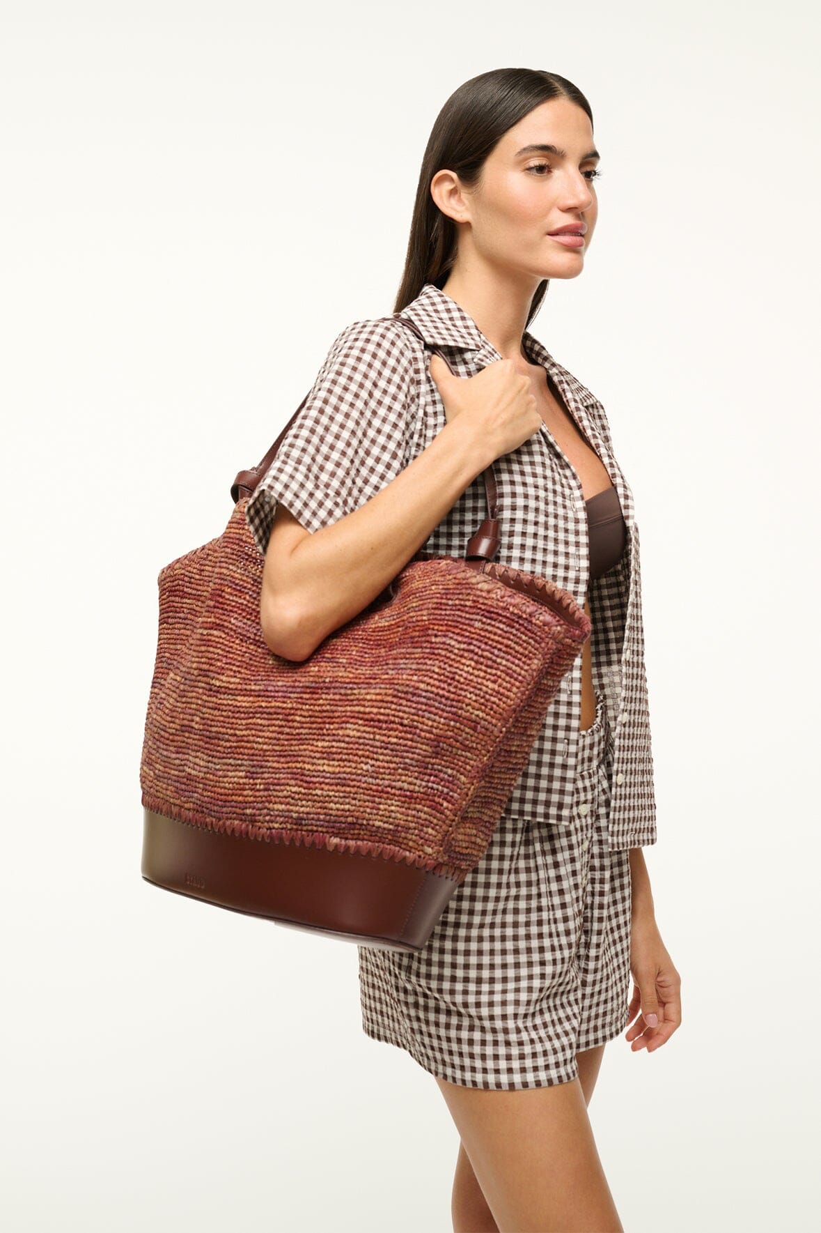 Squillo Mahogany Raffia Tote Bag with Leather Base & Zip Pocket