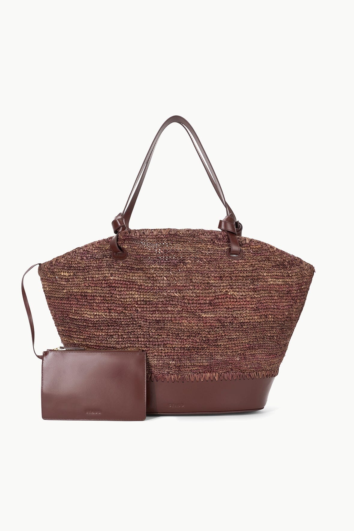 Squillo Mahogany Raffia Tote Bag with Leather Base & Zip Pocket
