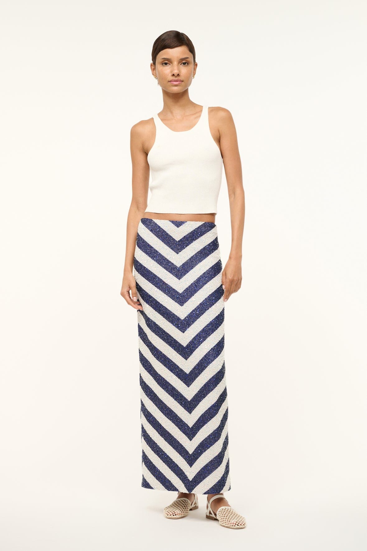 St. Tropez Beaded Ankle-Length Skirt - Navy & White Chevron