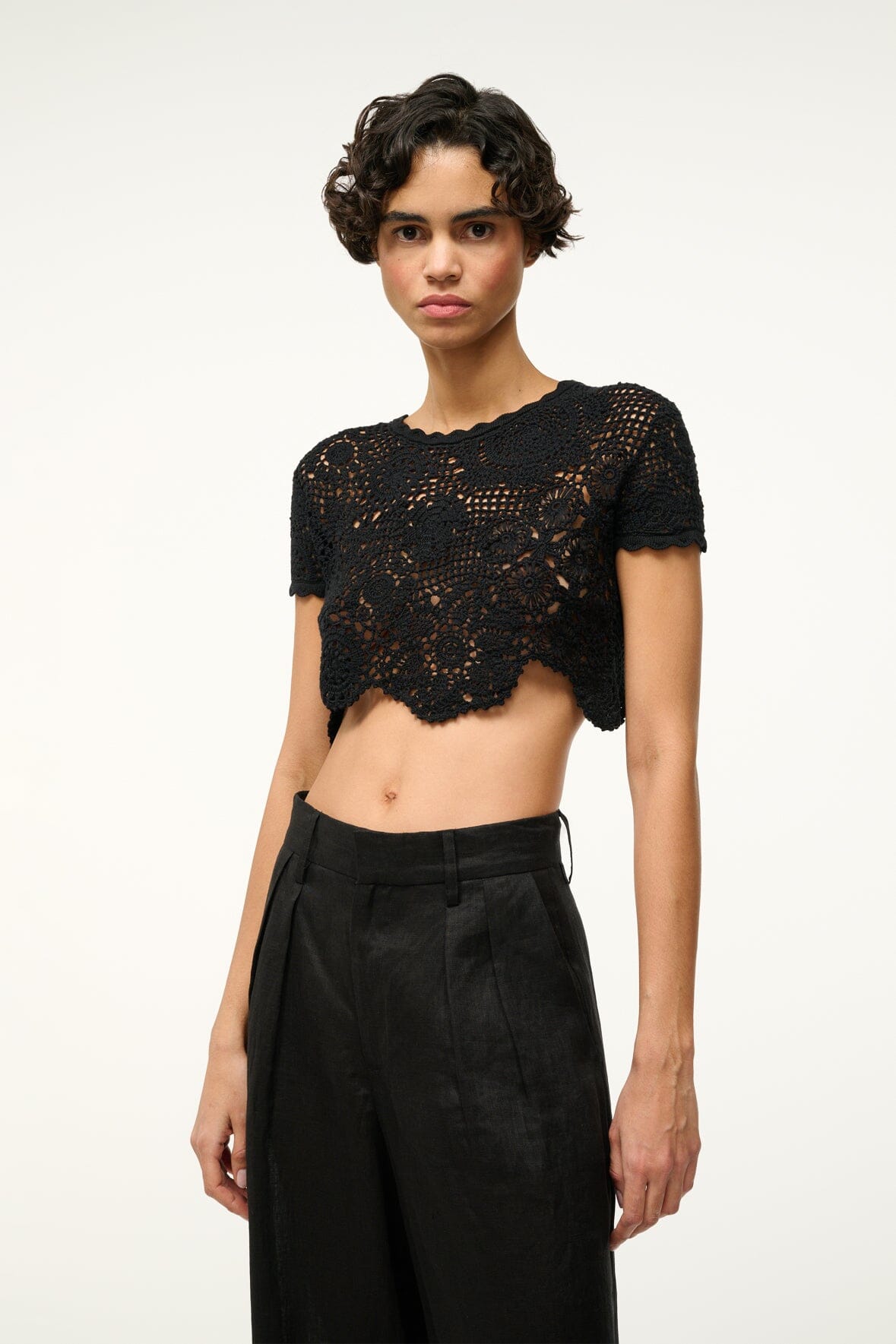 Black Starlight Crochet Top with Scalloped Hem